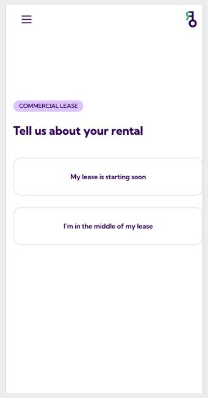 Rently start screen: Commercial Lease, Tell us about your rental
