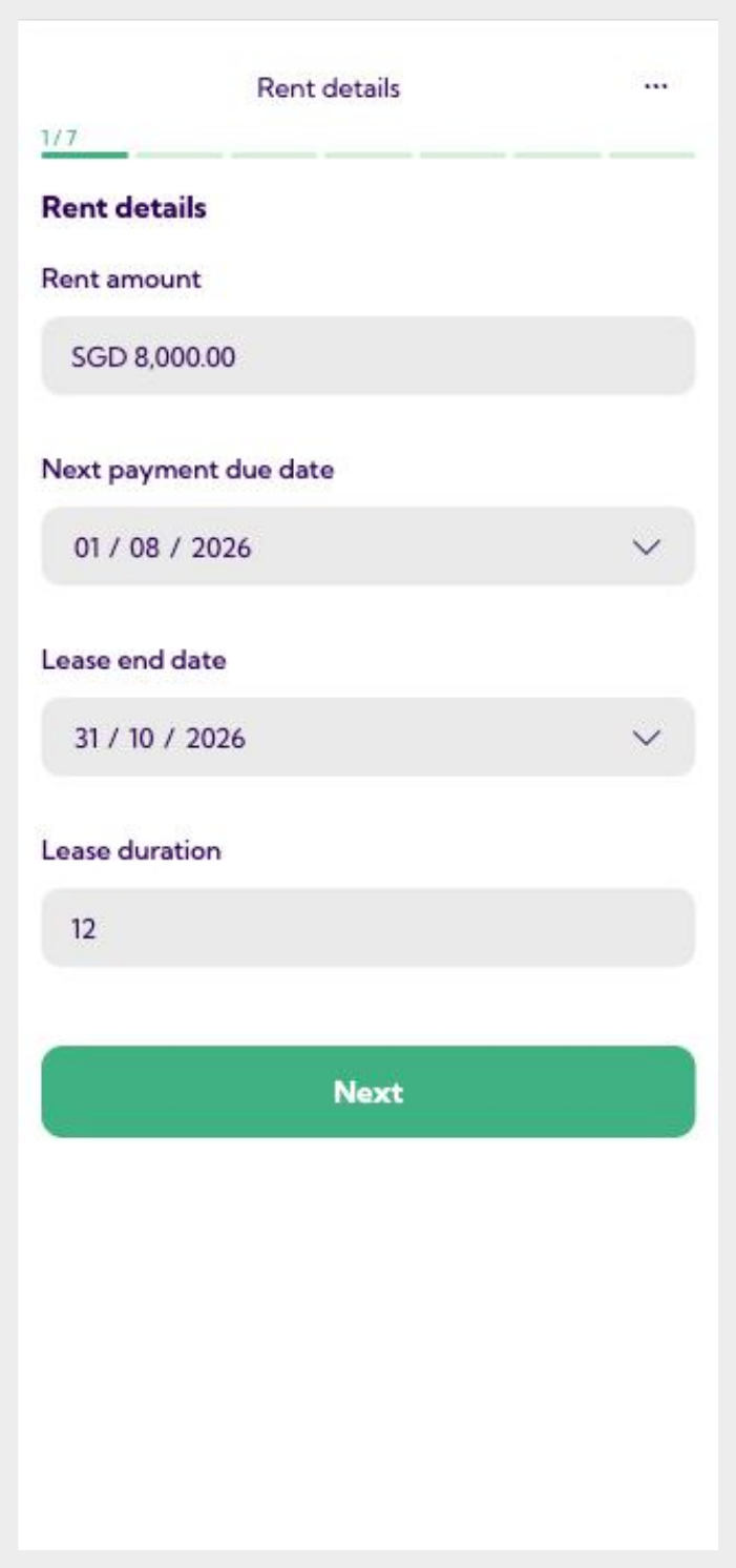 Rent details screen with rent amount, dates and lease duration filled in
