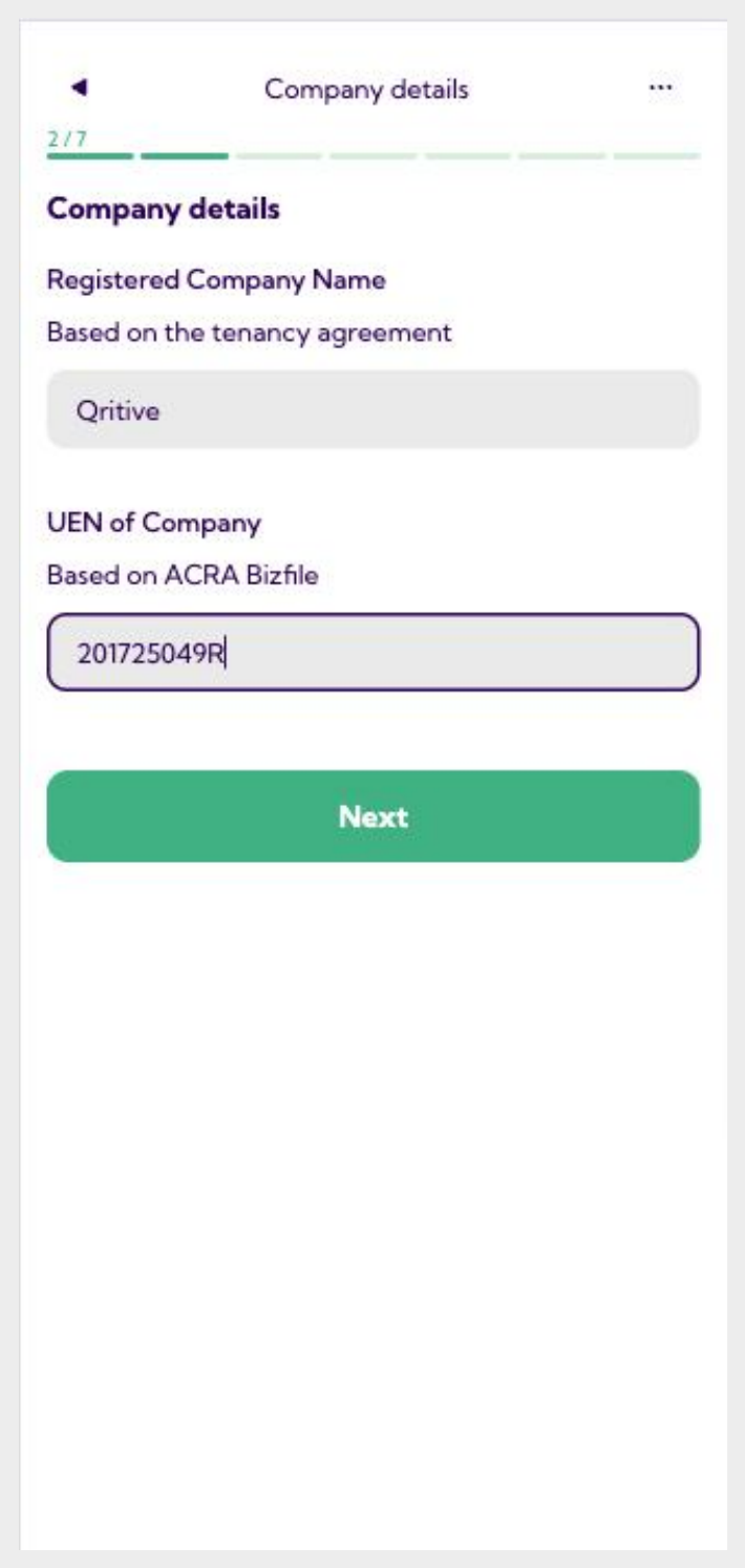 Company details screen with registered company name and UEN