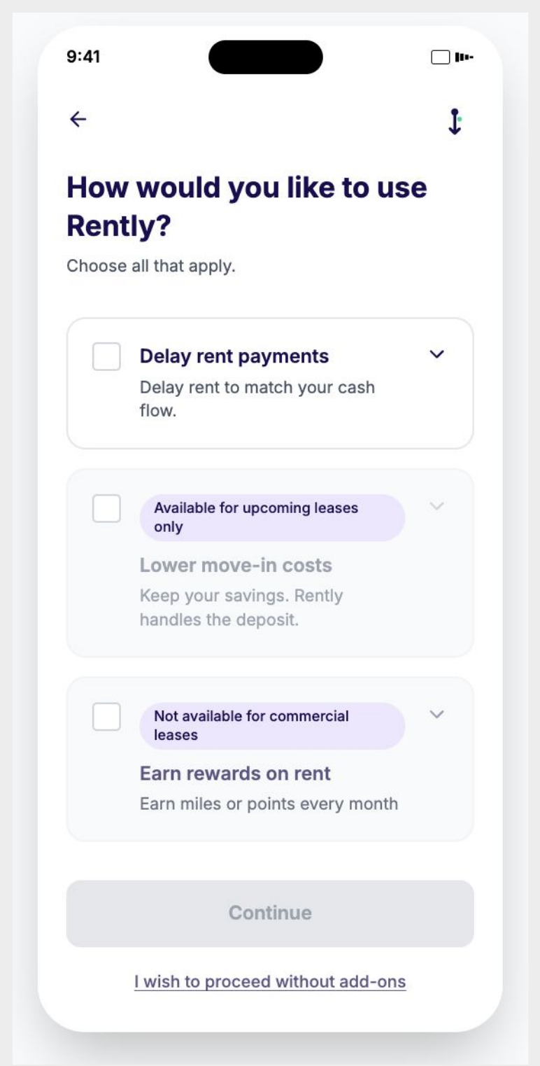 How would you like to use Rently — add-on selection screen