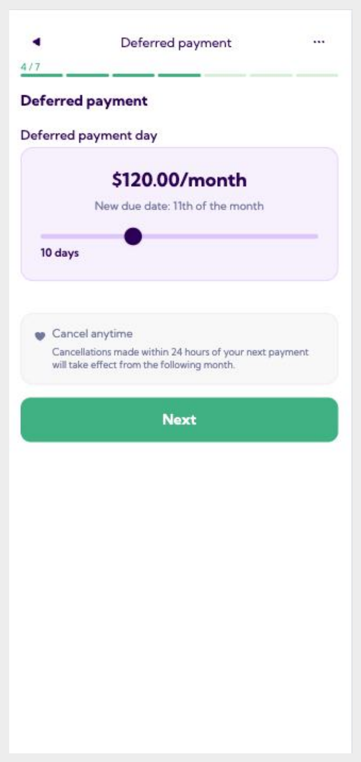 Deferred payment screen with slider set to 10 days
