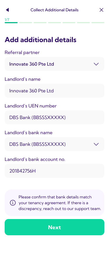 Add additional details screen with landlord bank information pre-filled