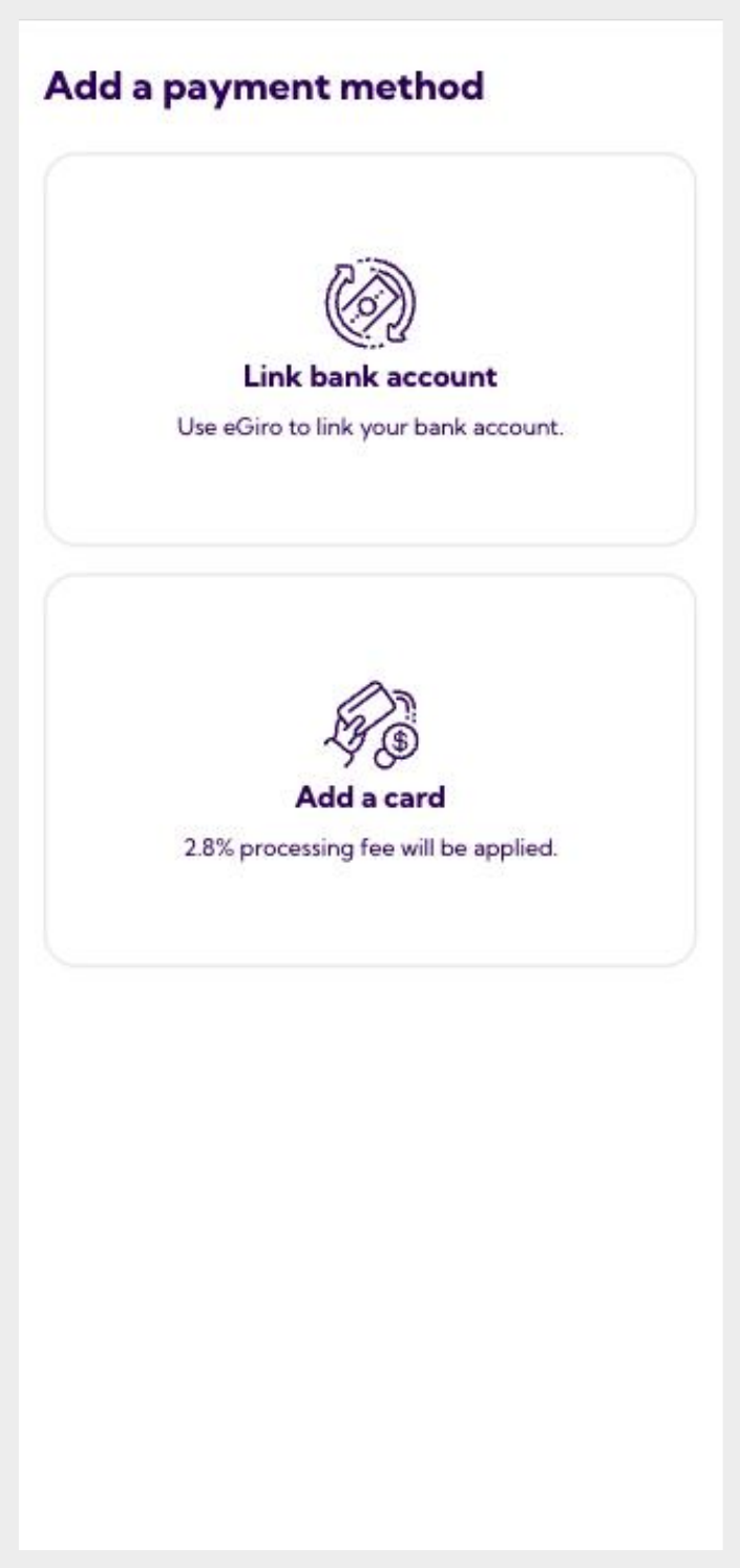 Add a payment method screen: link bank account or add a card