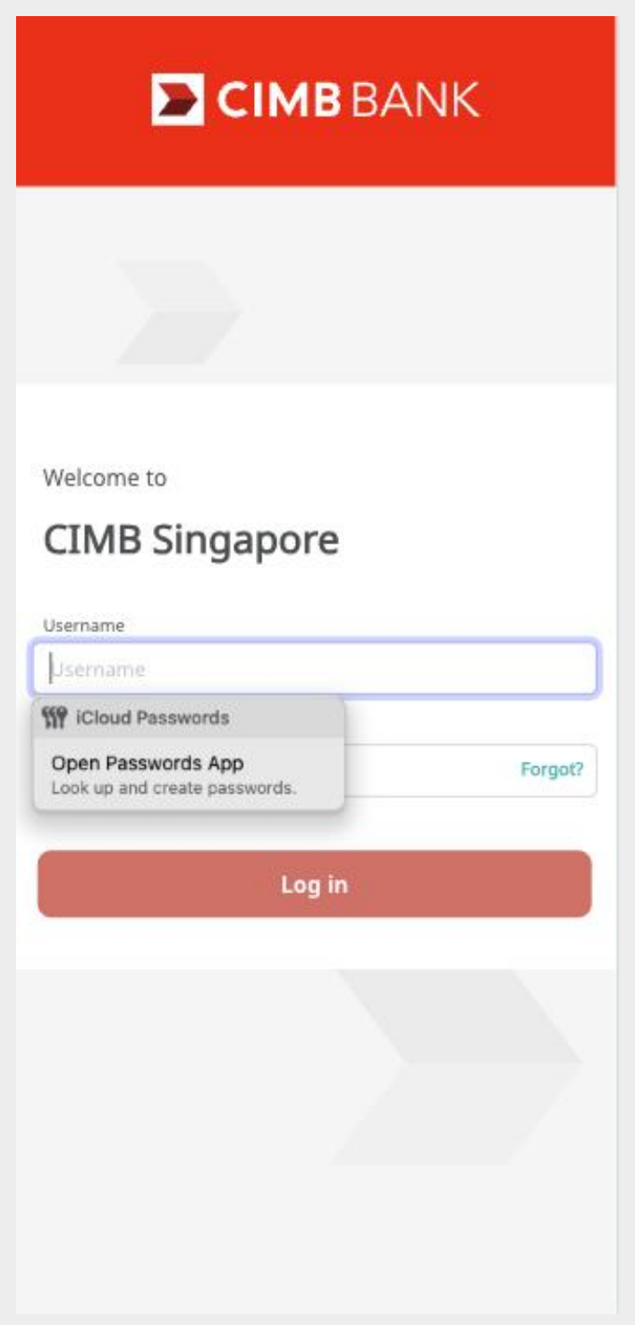 Bank login screen (CIMB Singapore example)
