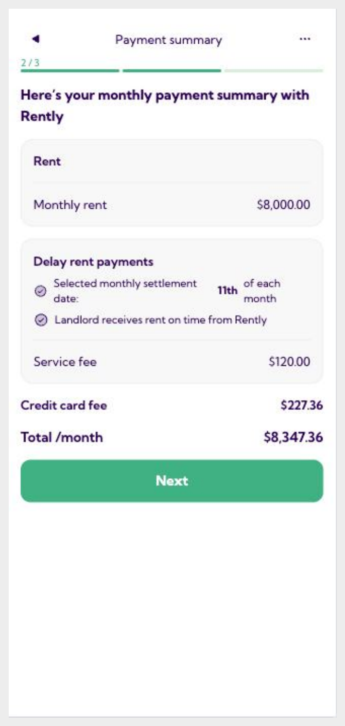 Monthly payment summary with rent, service fee and total