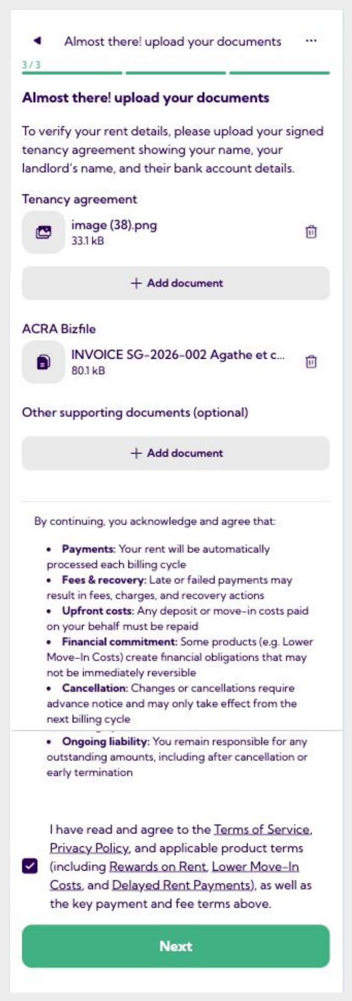 Upload your documents screen with tenancy agreement and ACRA Bizfile uploaded